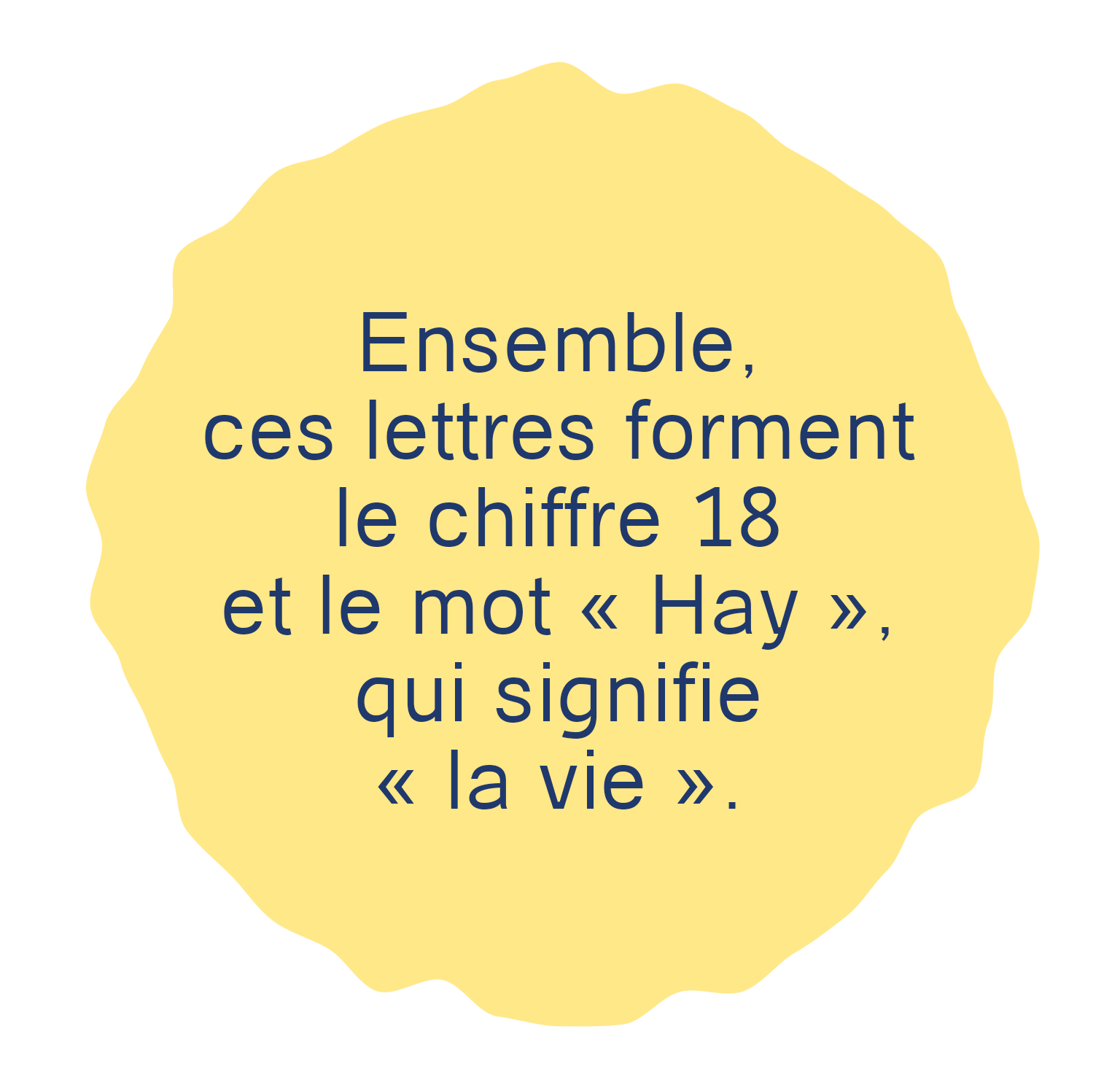 Ensemble, ces lettres forment le chiffre 18 et le mot « Hay », qui signifie « la vie ».